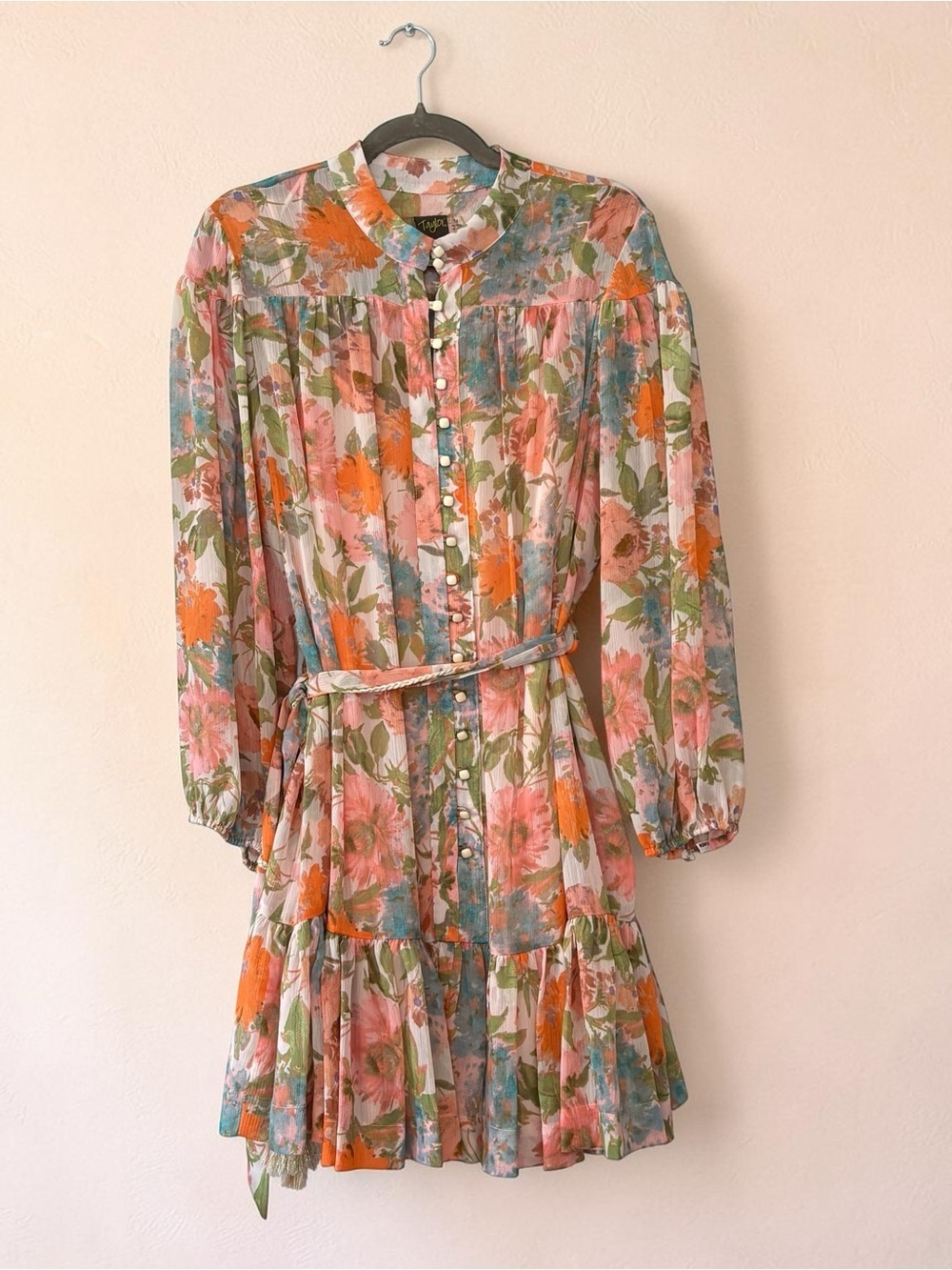NWT Taylor Floral Tiered Chiffon Mini Dress Long Slv Sz 14 - Pink & Orange - Picture 14 of 16